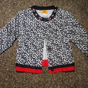 Ruby Rd Blazer Button Front Jacket Womens Size 6P Black White Red Beaded